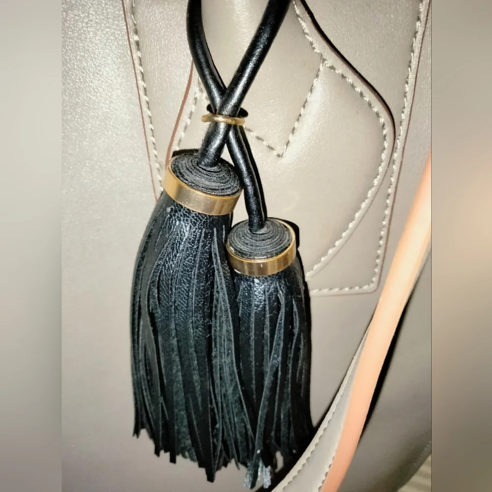 Anne Klein (Size Large) Gray Black Tassel Double Shoulder Strap & Hand Tote Bag